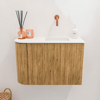 Mondiaz JOYA 61.6cm toiletmeubel - ronding links kleur Oak - Wastafel FAYE positie Rechts Zonder kraangat kleur Talc.