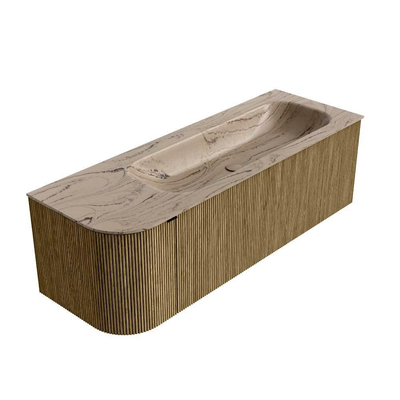 MONDIAZ KURVE-DLUX Meuble de salle de bains 135 cm arrondi à gauche couleur Dusk avec 1 tiroir et 1 porte. Vasque BIG MEDIUM à droite sans trou de robinet Arena.