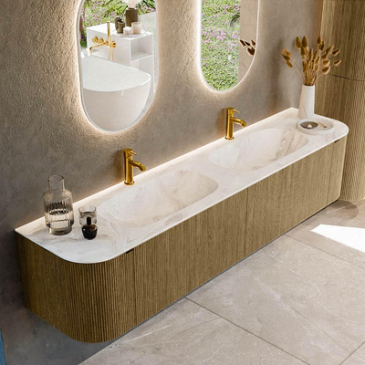 Mondiaz KURVE-DLUX Badkamermeubelset - 200x46x40cm - 2 lade - 2 deuren - wastafel solid surface - dubbel - 2 kraangaten - Dusk