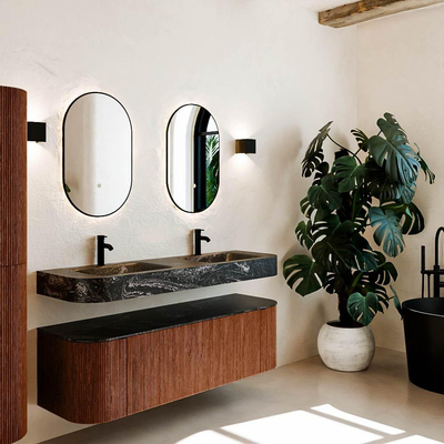 MONDIAZ THOR-DLUX 150cm meuble de salle de bains arrondi gauche + droite couleur Ruby avec 1 tiroir et 2 portes. Vasque suspendue CLOUD Double 2 trous de robinet couleur Lava.