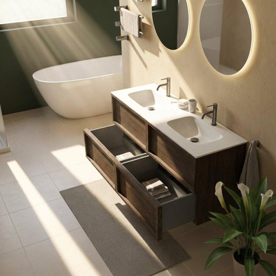 Saniclass Holz Frame Ensemble de meubles de salle de bains - 140x45x61.5cm - Flow lavabo en solid surface blanc - 2 vasques - 2 trous de robinetterie - 4 tiroirs - chêne charcoal mat (bois)