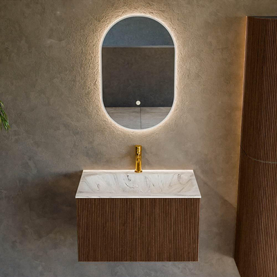 MONDIAZ KURVE-DLUX 70cm badmeubel kleur Walnut met 1 lade. Wastafel BIG SMALL midden 1 kraangat kleur Glace.