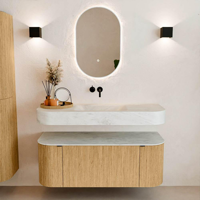 MONDIAZ THOR-DLUX 120cm meuble de salle de bains arrondi gauche + droite couleur Oak avec 1 tiroir et 2 portes. Vasque suspendue CLOUD Milieu sans trou de robinet couleur Opalo.