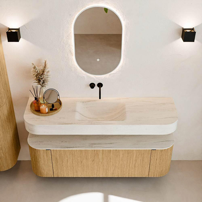 MONDIAZ THOR-DLUX 150cm badmeubel ronding links + rechts kleur Oak met 1 lade en 2 deuren. Vrijhangende wastafel CLOUD Midden zonder kraangat kleur Meli.