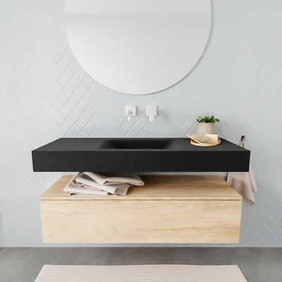 MONDIAZ ALAN 120cm - meuble bas - chêne blanchi - 1 tiroir - lavabo suspendu - vasque centrale - 0 trous de robinet - urban