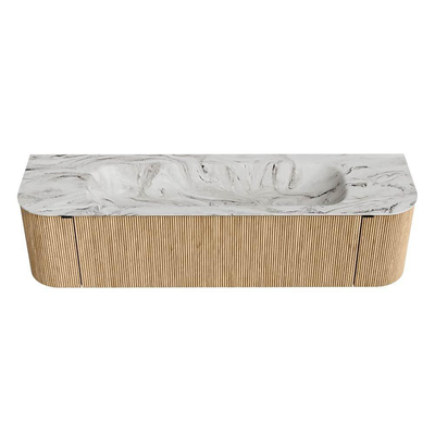MONDIAZ KURVE-DLUX Meuble de salle de bains 170cm avec module 25 Len R couleur Oak avec 1 tiroir et 2 portes. Lavabo BIG LARGE central sans trou de robinet couleur Glace.