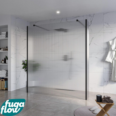 FugaFlow Eccelente Vetro Vrijstaande inloopdouche badkamer - 180x200cm - Helder geribbeld - antikalk - 8mm veiligheidsglas - 2 zijwanden 40cm - met wandarmen en hoekprofielen - Zwart mat -