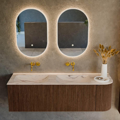 MONDIAZ KURVE-DLUX Meuble de salle de bains 145cm arrondi à droite couleur Walnut avec 1 tiroir et 1 porte. Lavabo LEAF Double / Gauche sans trou de robinet Nata.