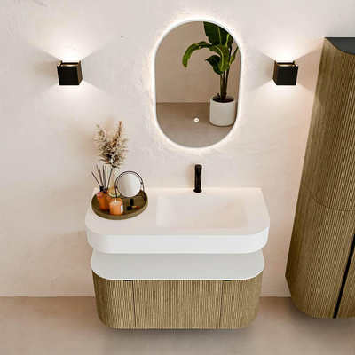 MONDIAZ THOR 100cm meuble de salle de bains arrondi gauche + droite couleur Dusk avec 1 tiroir et 2 portes. Vasque suspendue CLOUD droite 1 trou de robinet couleur Talc.