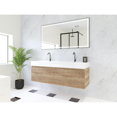 HR Matrix ensemble meuble de salle de bain 3d 140cm 2 tiroirs sans poignée avec bandeau en chêne français avec vasque kube 2 trous de robinetterie blanc