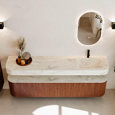 MONDIAZ THOR-DLUX 200cm meuble de salle de bains arrondi gauche + droite couleur Ruby avec 2 tiroirs et 2 portes. Vasque suspendue CLOUD Droite 1 trou de robinet couleur Ostra.