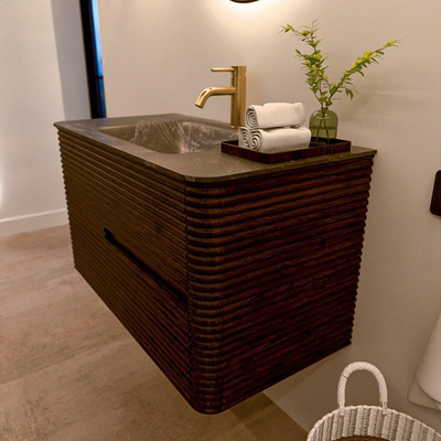 Mondiaz CIRO-DLUX Meuble de salle de bains - 90x45x50cm - Lavabo solid surface Lava - 1 vasque au milieu - 1 trou de robinet - 2 tiroirs - Noyer