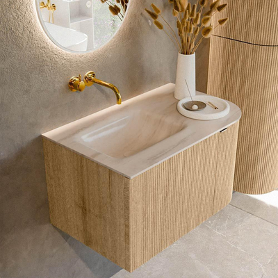 MONDIAZ KURVE-DLUX 75cm badmeubel ronding Rechts kleur Oak met 1 lade en 1 deur. Wastafel GRUNNE Links zonder kraangat Meli.