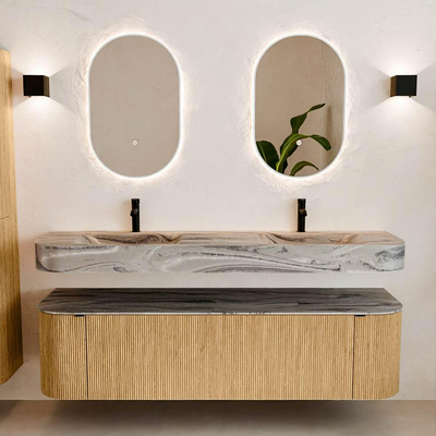 MONDIAZ THOR-DLUX 170cm badmeubel ronding links + rechts kleur Oak met 1 lade en 2 deuren. Vrijhangende wastafel CLOUD Dubbel 2 kraangaten kleur Sombra.