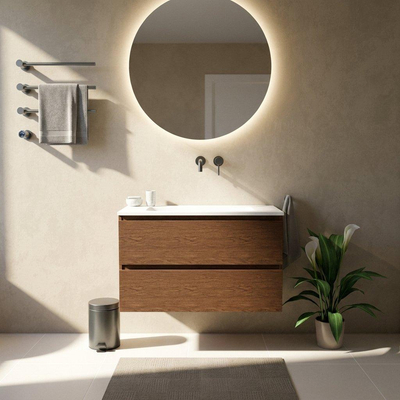 Saniclass Holz Pure Ensemble de meubles de salle de bains - 100x45x77.5cm - lavabo Torino en solid surface blanc - sans trou de robinet - 2 tiroirs - noyer pure mat (bois)