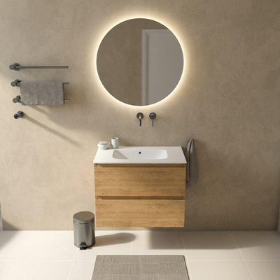 Saniclass Holz Pure Ensemble meuble de salle de bains - 80x45x61.5cm - lavabo Flow en solid surface blanc - 1 vasque - sans trou de robinetterie - 2 tiroirs - chêne natural mat (bois)