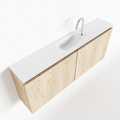 MONDIAZ TURE Kit lave-mains - 120x23x50cm - 1 trou de robinet - 2 portes - chêne blanchi mat - Lavabo centré - Solid Surface Blanc