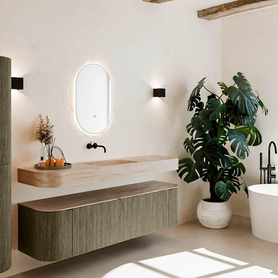 MONDIAZ THOR-DLUX Meuble de salle de bains 170cm arrondi gauche + droite couleur Shadow avec 1 tiroir et 2 portes. Vasque suspendue CLOUD Milieu sans trou de robinet couleur Saba.