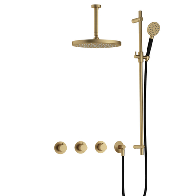 Hotbath Cobber IBS70 Regendoucheset - inbouw - 15cm plafondarm - 30cm ronde hoofddouche - 1 stand handdouche - glijstang - geborsteld messing goud