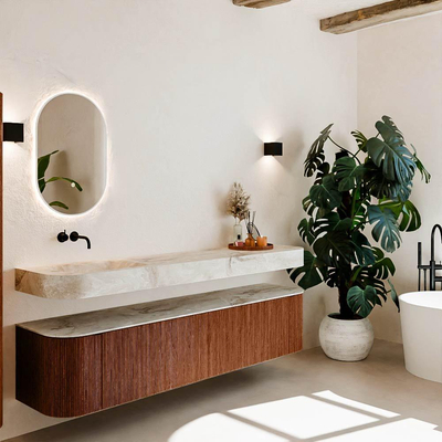 MONDIAZ THOR-DLUX Meuble de salle de bains - 200cm - arrondi gauche + droite - couleur Ruby - 2 tiroirs et 2 portes - Vasque suspendue CLOUD Gauche sans trou de robinet - couleur Frappe