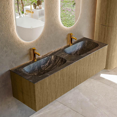 Mondiaz KURVE-DLUX Badkamermeubelset - 150x46x40cm - 2 lade - wastafel solid surface - dubbel - 2 kraangaten - Dusk