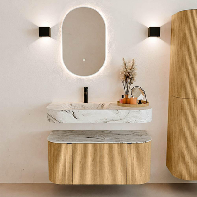 MONDIAZ THOR-DLUX Meuble de salle de bains - 100cm - arrondi gauche + droite - couleur Oak - 1 tiroir - 2 portes - Vasque suspendue CLOUD Gauche 1 trou de robinet - couleur Glace