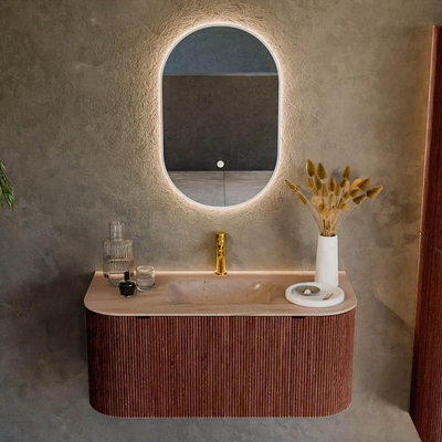 MONDIAZ KURVE-DLUX Meuble de salle de bains 100cm arrondi gauche + droite couleur Ruby avec 1 tiroir et 2 portes. Lavabo GRUNNE central 1 trou de robinet Saba.