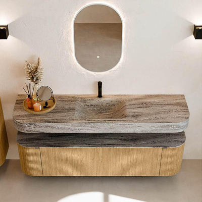 MONDIAZ THOR-DLUX 170cm badmeubel ronding links + rechts kleur Oak met 1 lade en 2 deuren. Vrijhangende wastafel CLOUD Midden 1 kraangat kleur Oza.
