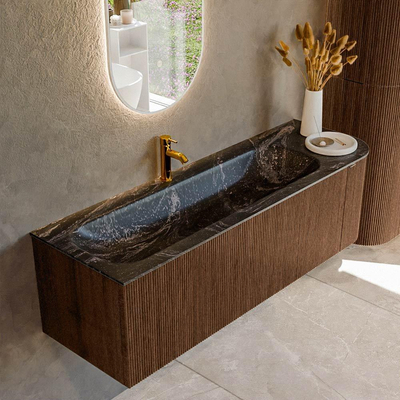 MONDIAZ KURVE-DLUX 145cm badmeubel met module 25 R kleur Walnut met 1 lade en 1 deur. Wastafel BIG LARGE links 1 kraangat kleur Lava.