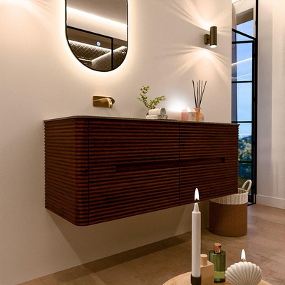 Mondiaz CIRO-DLUX Ensemble de meubles de salle de bains - 130x45x50cm - vasque en solid surface Oza - 1 vasque à gauche - sans trous de robinetterie - 4 tiroirs - Ruby