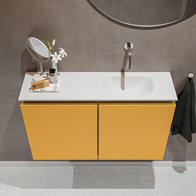MONDIAZ TURE Toiletmeubel 80x23x50cm met 0 kraangaten 2 deuren ocher mat Wastafel Eden rechts Solid Surface Wit