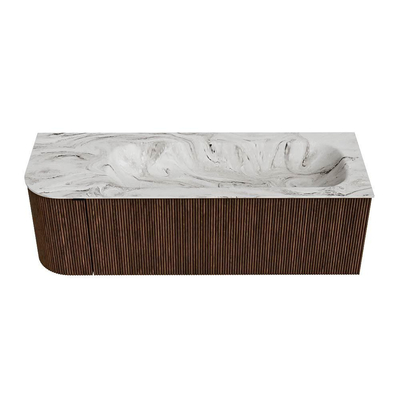 MONDIAZ KURVE-DLUX meuble de salle de bains 135 cm avec module 25 L couleur Walnut avec 1 tiroir et 1 porte. Lavabo BIG MEDIUM à droite sans trou de robinet couleur Glace.