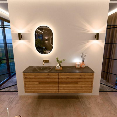 Mondiaz CIRO-DLUX Badkamermeubelset - 160x45x50cm - Solid surface wastafel Lava - 1 wasbak Links - zonder kraangaten - 4 lades - Oak