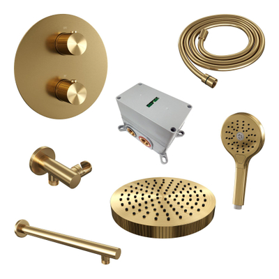 BRAUER Stripe Thermostatische Inbouw Regendouche - 3-weg - rond - SET 40 - 25cm douchekop - rechte muurarm - 3-standen handdouche - doucheslang - wandaansluitbocht - goud geborsteld PVD