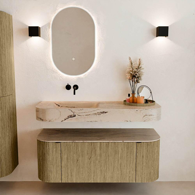 MONDIAZ THOR-DLUX 120cm meuble de salle de bains arrondi gauche + droite couleur Dusk avec 1 tiroir et 2 portes. Vasque suspendue CLOUD Gauche sans trou de robinet couleur Arena.