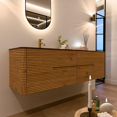 Mondiaz CIRO-DLUX Meuble de salle de bains - 170x45x50cm - Vasque solid surface Lava - 1 lavabo à gauche - 1 trou de robinet - 4 tiroirs - Chêne