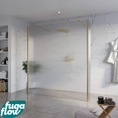 FugaFlow Eccelente Vetro Douche à l'italienne libre - 180x200cm - Clair strié - anti-calcaire - verre de sécurité 8mm - 2 parois latérales 30cm - avec bras muraux et profils d'angle - Laiton brossé (or) -