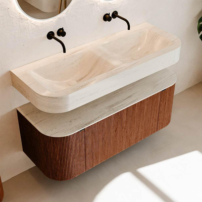 MONDIAZ THOR-DLUX 120cm meuble de salle de bains arrondi gauche + droite couleur Ruby avec 1 tiroir et 2 portes. Vasque suspendue CLOUD Double sans trou de robinet couleur Meli.