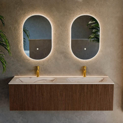 MONDIAZ KURVE-DLUX 150cm badmeubel kleur Walnut met 2 lades en 0 deuren. Wastafel STOR SMALL Dubbel 2 kraangaten Nata.