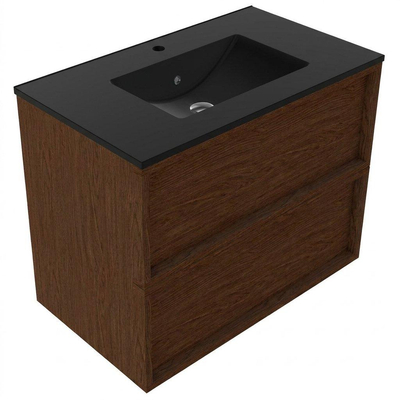 Saniclass Holz Frame Ensemble meuble de salle de bains - 80x45x62cm - lavabo Vygo en céramique noir - 1 vasque - 1 trou de robinetterie - 2 tiroirs - noyer pure mat (bois)