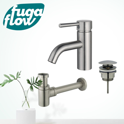 FugaFlow Eccelente Sobrado Badkamer Wastafelkraanset - lage wastafelkraan - klikwaste plug - verlaagde design sifon - PVD Geborsteld RVS