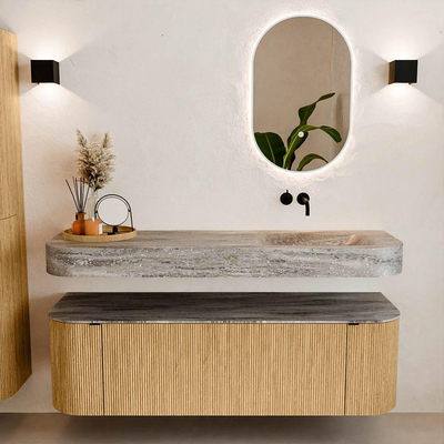 MONDIAZ THOR-DLUX 150cm badmeubel ronding links + rechts kleur Oak met 1 lade en 2 deuren. Vrijhangende wastafel CLOUD Rechts zonder kraangat kleur Oza.