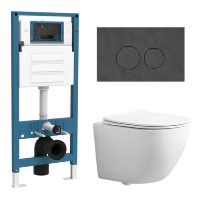QeramiQ Dely Swirl Compact Ensemble WC - réservoir encastré QeramiQ flush - abattant fin - plaque de commande en marbre foncé - boutons ronds - blanc brillant