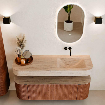 MONDIAZ THOR-DLUX 140cm meuble de salle de bains arrondi gauche + droite couleur Ruby avec 1 tiroir et 2 portes. Vasque suspendue CLOUD droite sans trou de robinet couleur Saba.