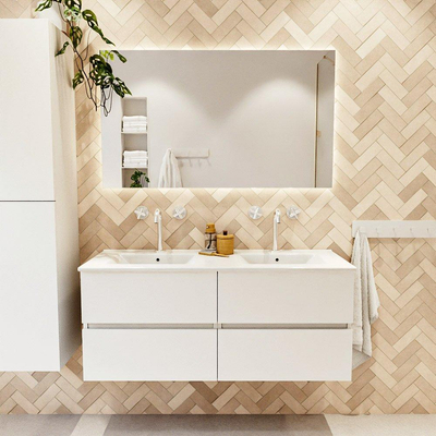 MONDIAZ VICA 120cm badmeubel onderkast Talc 4 lades. Wastafel DENIA dubbel 2 kraangaten, kleur Glanzend Wit.