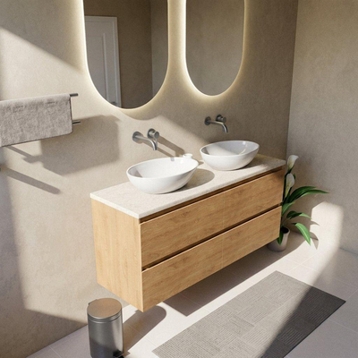 Saniclass Holz Pure Ensemble meuble de salle de bains - 140x45x63cm - Plan de travail en pierre naturelle travertin - sans trou de robinetterie - 4 tiroirs - chêne naturel mat (bois)