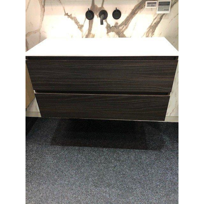 INK badkamermeubelset 100x45x52cm 2 greeploze laden met mat witte polystone wastafel Intens Eiken