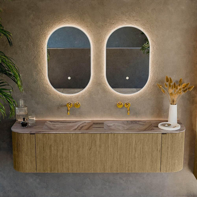 MONDIAZ KURVE-DLUX Meuble de salle de bains 170cm arrondi gauche + droite couleur Dusk avec 1 tiroir et 2 portes. Lavabo LEAF double sans trou de robinet Sombra.