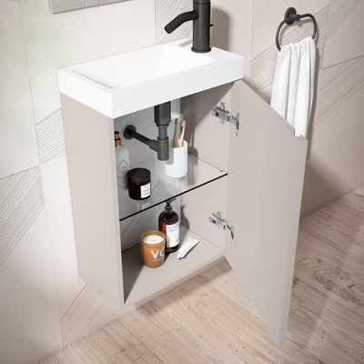 Saniclass Chaci Ensemble meuble de lavabo pour WC - 40x55cm - 1 porte - lavabo fontaine en marbre minéral - avec miroir rectangulaire - coton mat (beige)