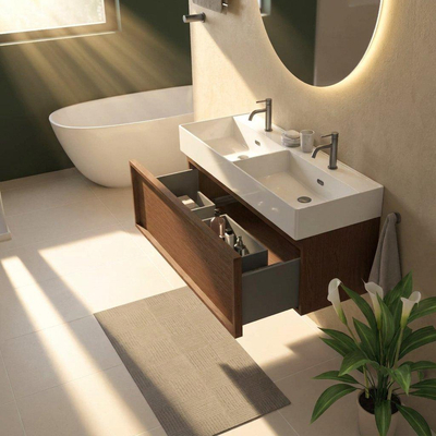 Saniclass Holz Frame Ensemble meuble de salle de bains - 120x45x52cm - Legend lavabo en céramique blanc - 2 vasques - 2 trous de robinetterie - 1 tiroir - mat walnut pure (bois)